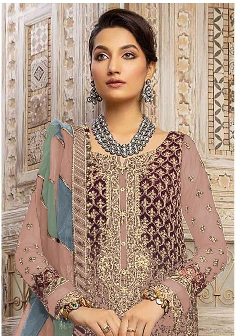 Peach Embroidered Georgette Salwar Suit - Indya