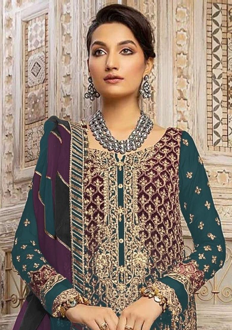 Teal Embroidered Georgette Salwar Suit - Indya