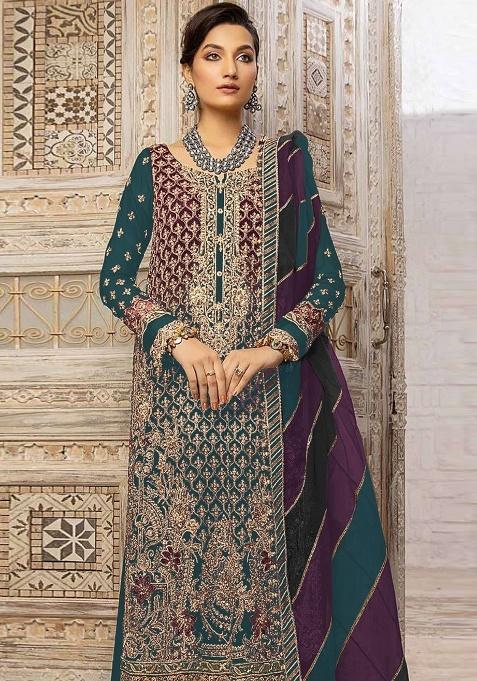 Teal Embroidered Georgette Salwar Suit