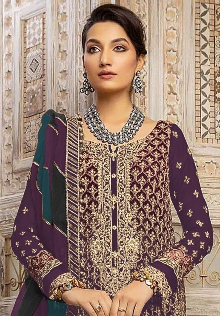 Violet Embroidered Georgette Salwar Suit - Indya