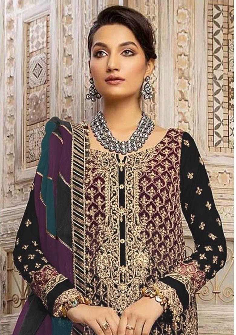 Black Embroidered Georgette Salwar Suit - Indya
