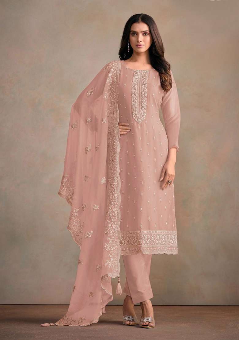 Pink Embroidered Organza Pakistani Suit Set - Indya