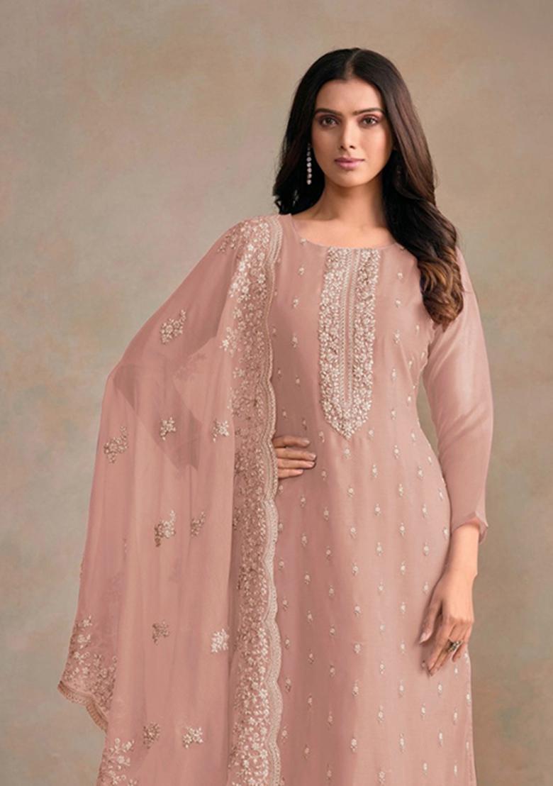 Pink Embroidered Organza Salwar Suit - Indya