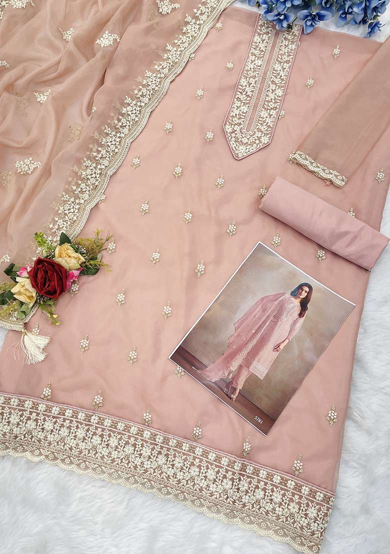 Pink Embroidered Organza Pakistani Suit Set - Indya