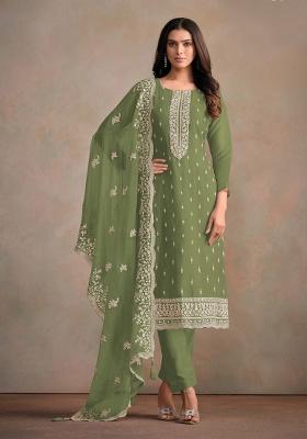 Olive Embroidered Organza Salwar Suit