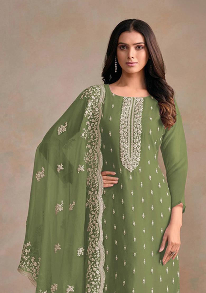 Olive Embroidered Organza Salwar Suit - Indya