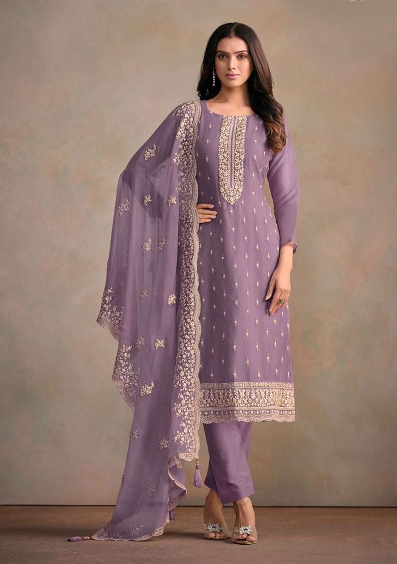 Purple Embroidered Organza Pakistani Suit Set - Indya