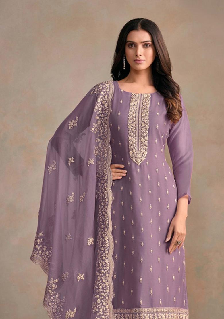 Purple Embroidered Organza Salwar Suit - Indya