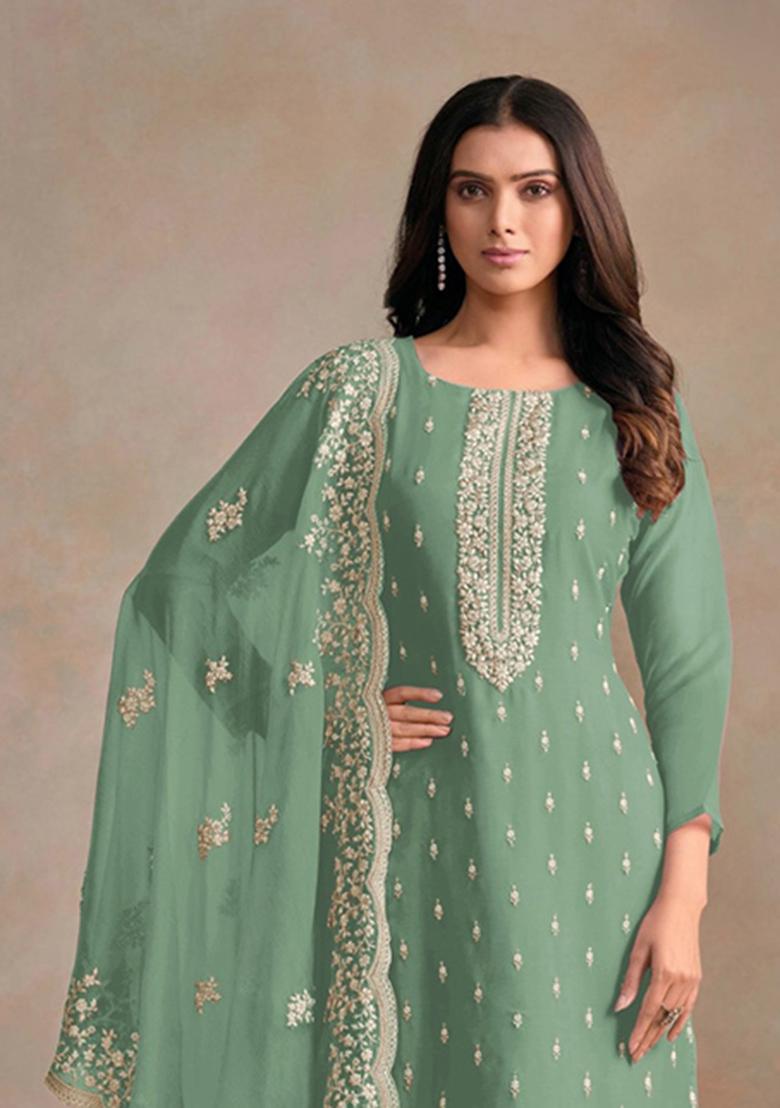 Light Green Embroidered Organza Salwar Suit - Indya