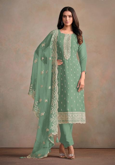 Light Green Embroidered Organza Salwar Suit