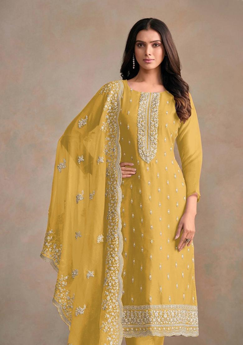 Yellow Embroidered Organza Salwar Suit - Indya