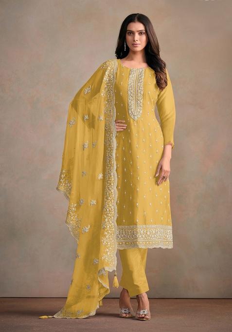Yellow Embroidered Organza Salwar Suit