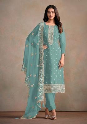 Light Blue Embroidered Organza Salwar Suit