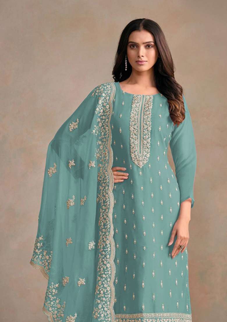 Light Blue Embroidered Organza Pakistani Suit Set - Indya