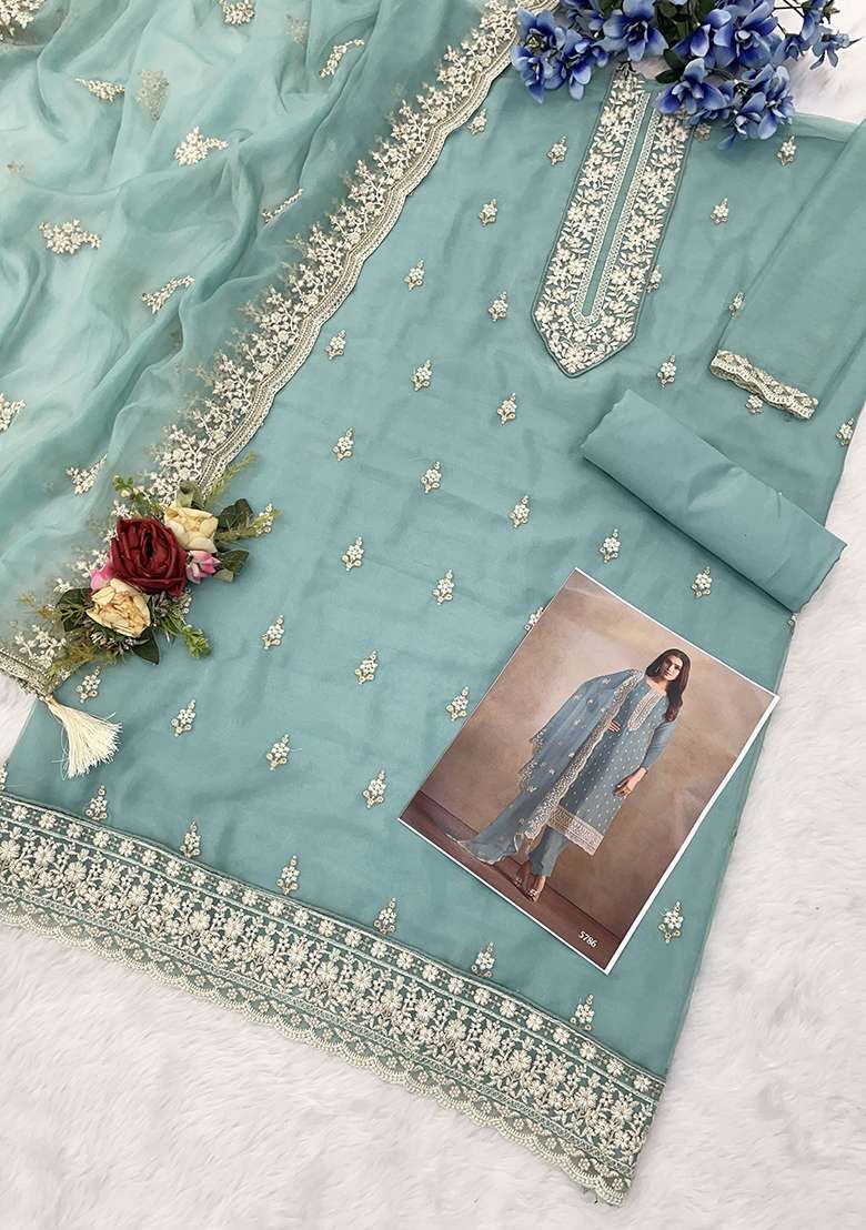 Light Blue Embroidered Organza Pakistani Suit Set - Indya