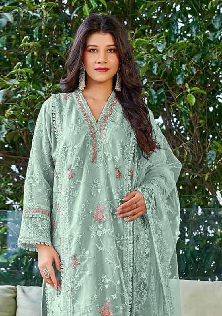 Light Green Embroidered Organza Salwar Suit - Indya