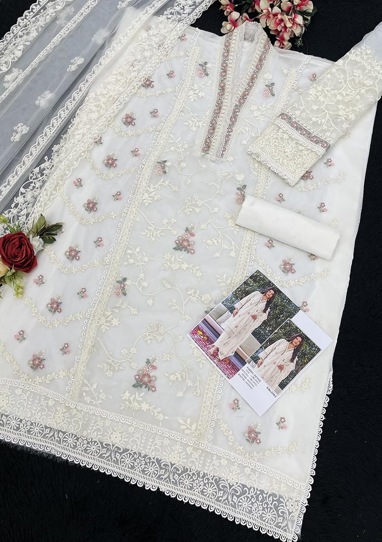 Off White Embroidered Organza Salwar Suit - Indya