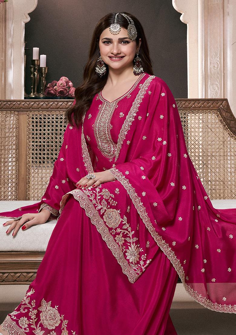 Pink Embroidered Silk Salwar Suit - Indya