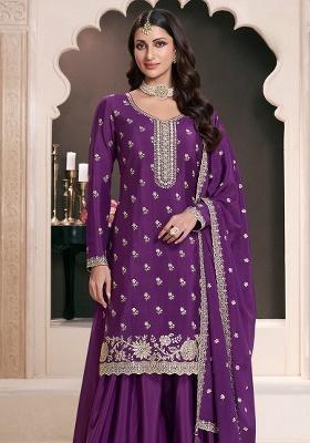Purple Embroidered Silk Salwar Suit