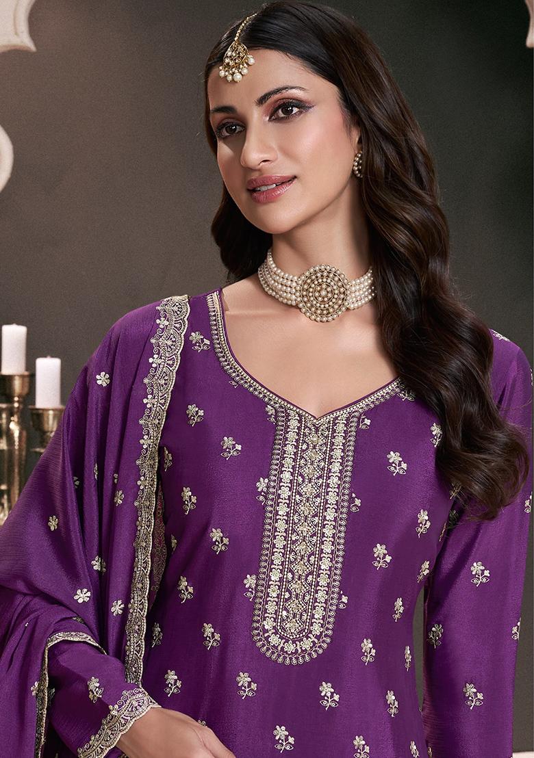 Purple Embroidered Silk Salwar Suit - Indya