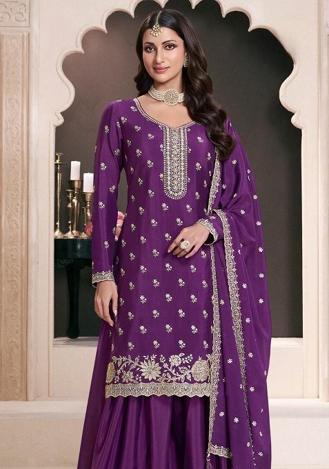 Purple Embroidered Silk Salwar Suit