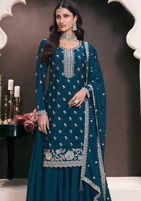 Teal Green Embroidered Silk Salwar Suit