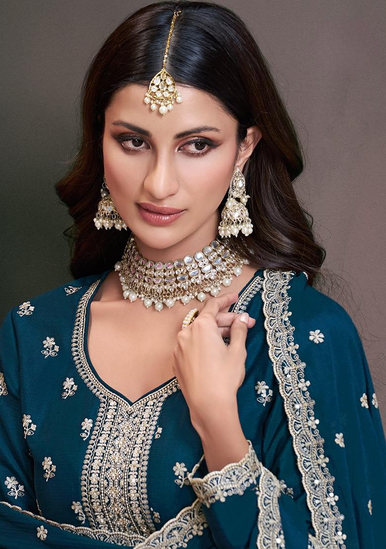 Teal Green Embroidered Silk Salwar Suit - Indya