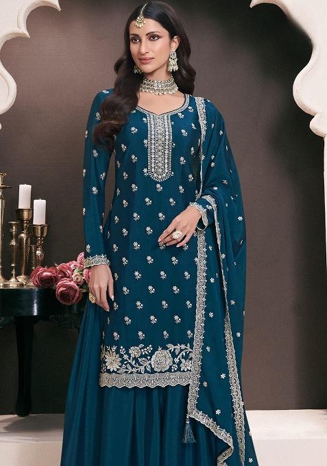 Teal Green Embroidered Silk Salwar Suit