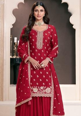 Red Embroidered Silk Salwar Suit