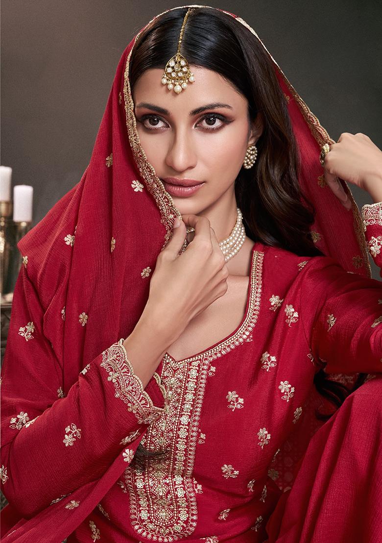 Red Embroidered Silk Salwar Suit - Indya