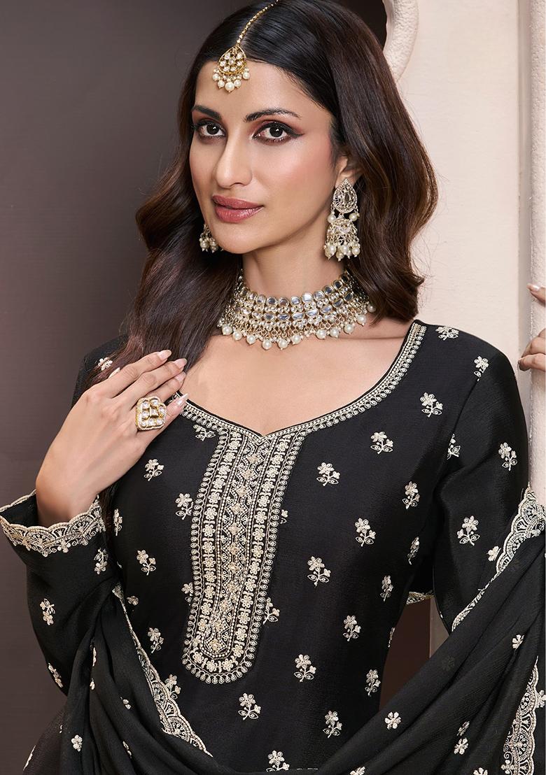 Black Embroidered Silk Salwar Suit - Indya