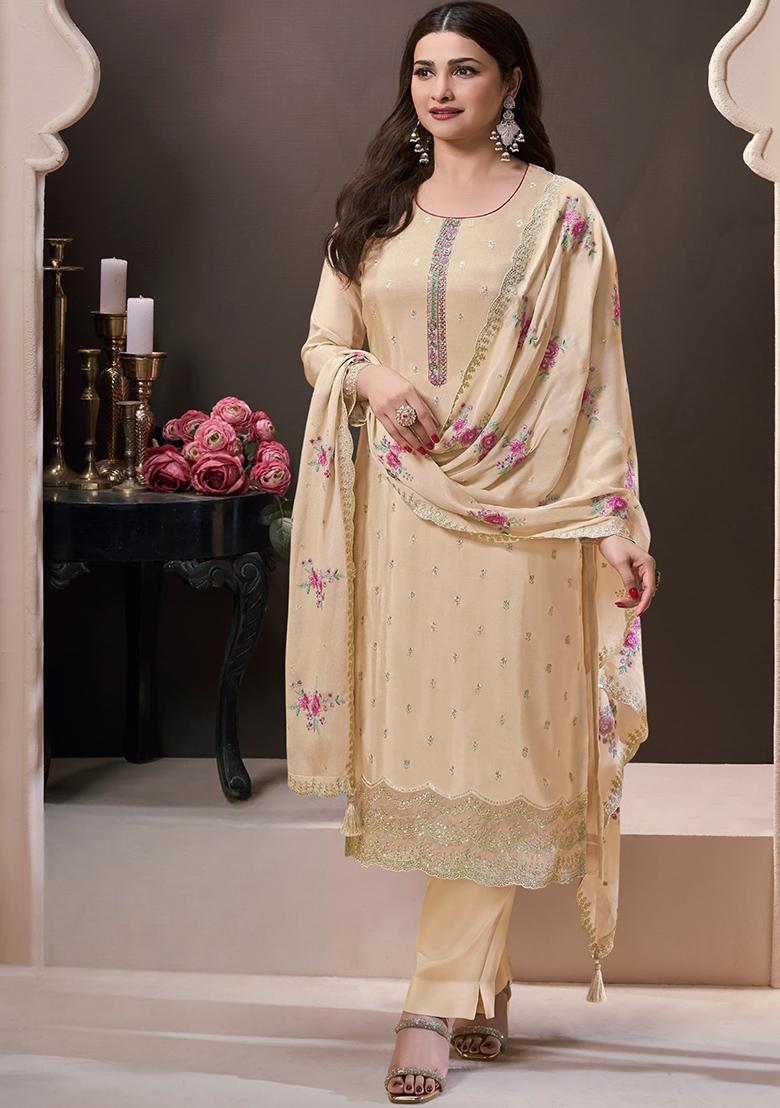 Cream Embroidered Silk Salwar Suit - Indya