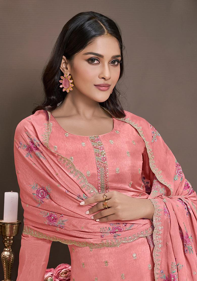 Pink Embroidered Silk Salwar Suit - Indya
