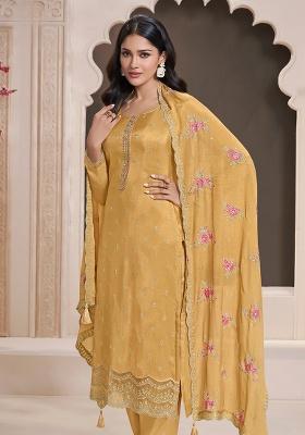 Yellow Embroidered Silk Salwar Suit