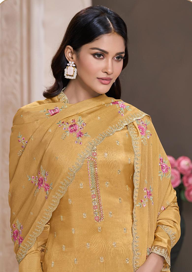 Yellow Embroidered Silk Salwar Suit - Indya