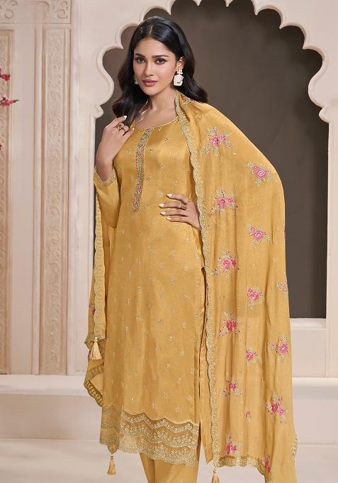 Yellow Embroidered Silk Salwar Suit