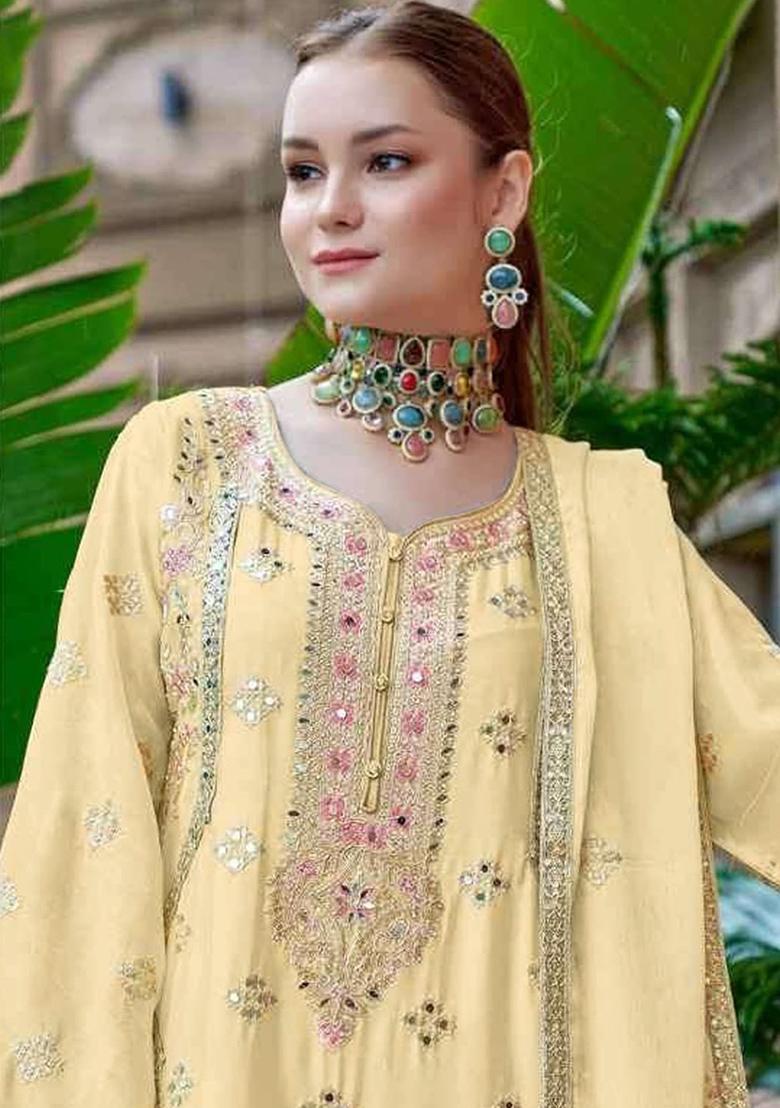 Yellow Embroidered Silk Salwar Suit - Indya