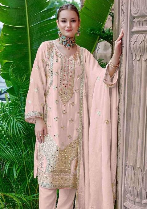 Peach Embroidered Silk Salwar Suit