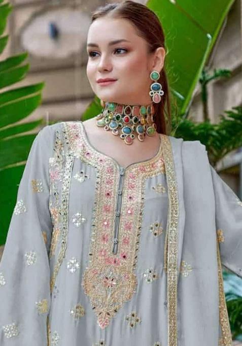 Grey Embroidered Silk Salwar Suit