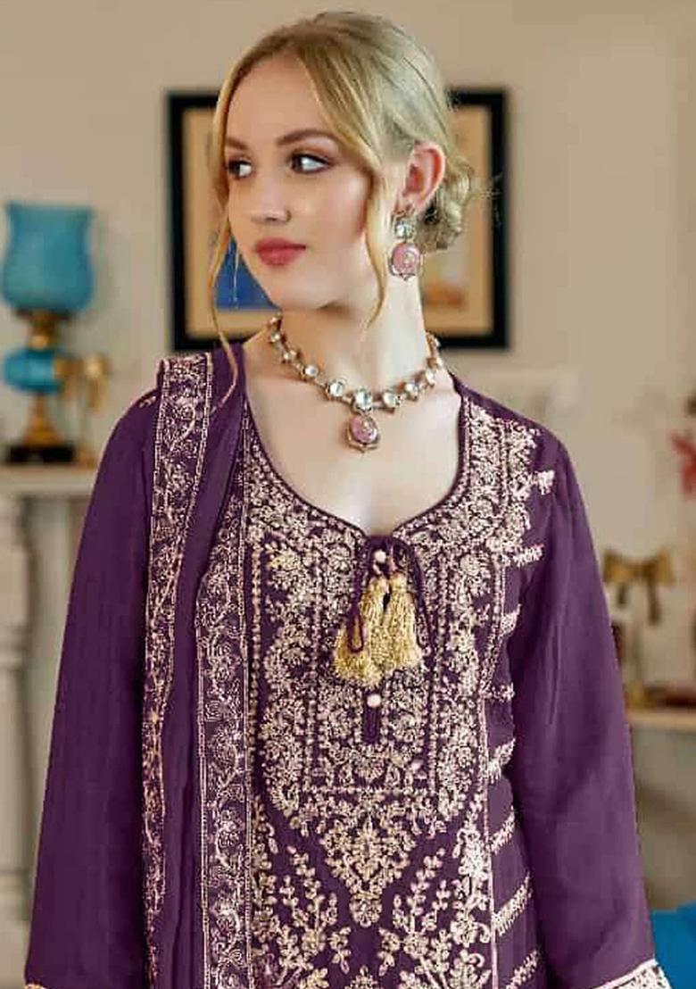 Purple Embroidered Silk Salwar Suit - Indya