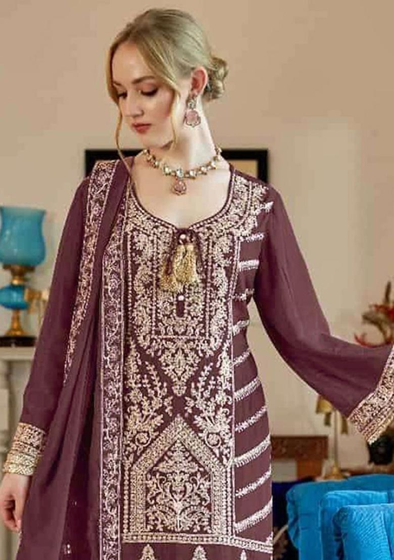 Brown Embroidered Silk Salwar Suit - Indya