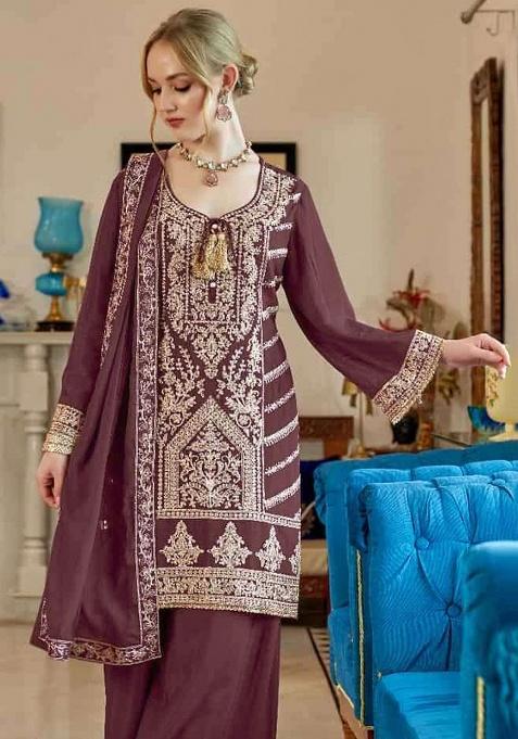 Brown Embroidered Silk Salwar Suit