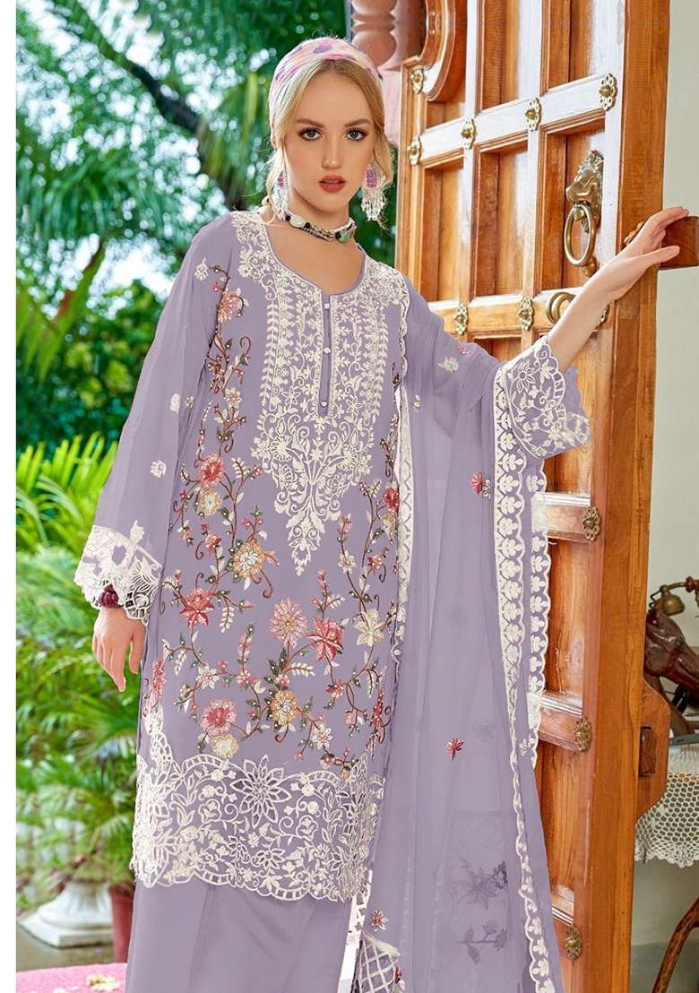 Lavender Embroidered Georgette Pakistani Suit Set - Indya