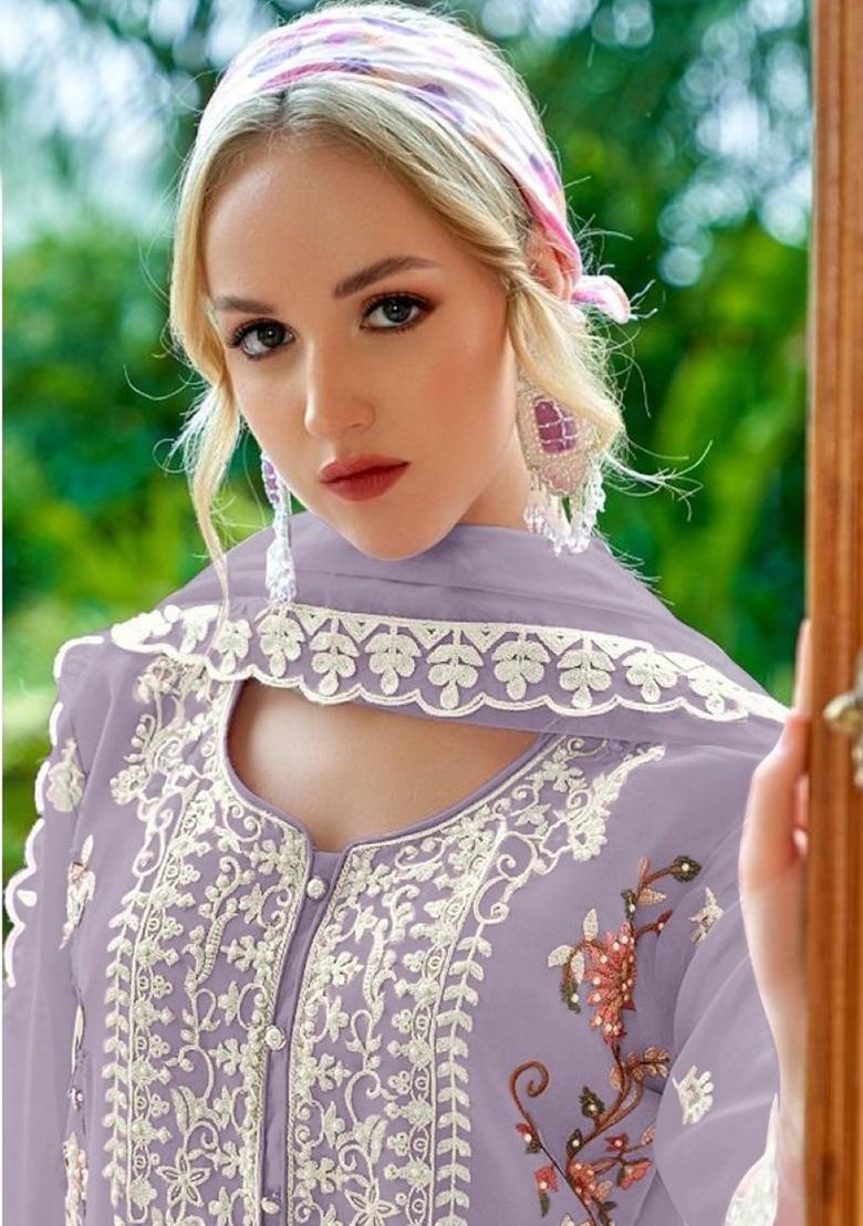 Light Lavender Embroidered Georgette Salwar Suit - Indya