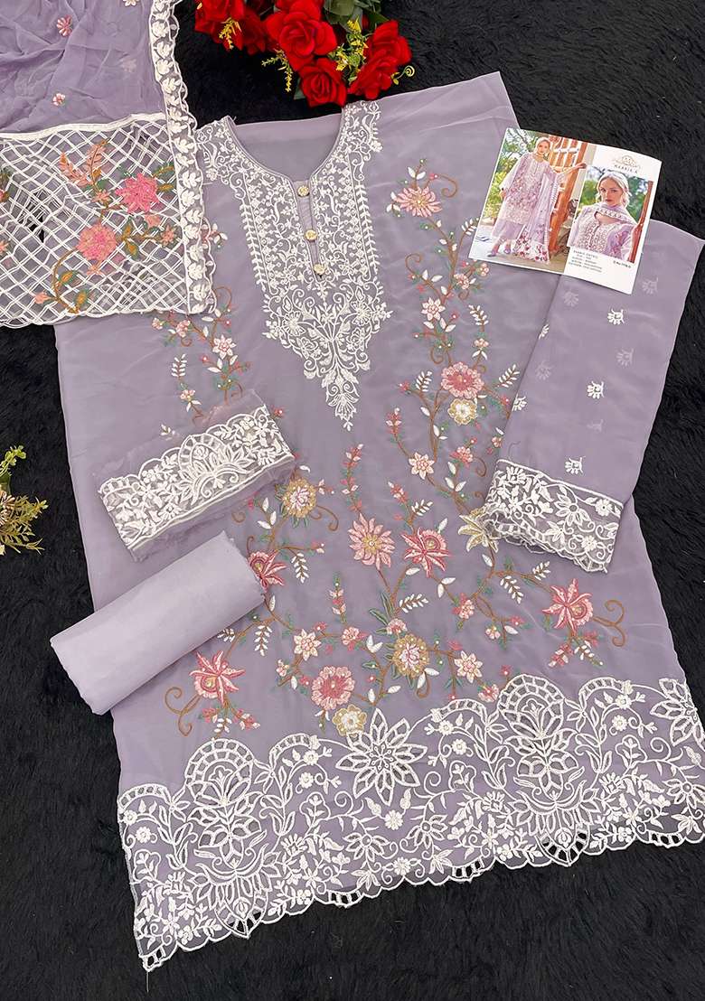 Lavender Embroidered Georgette Pakistani Suit Set - Indya
