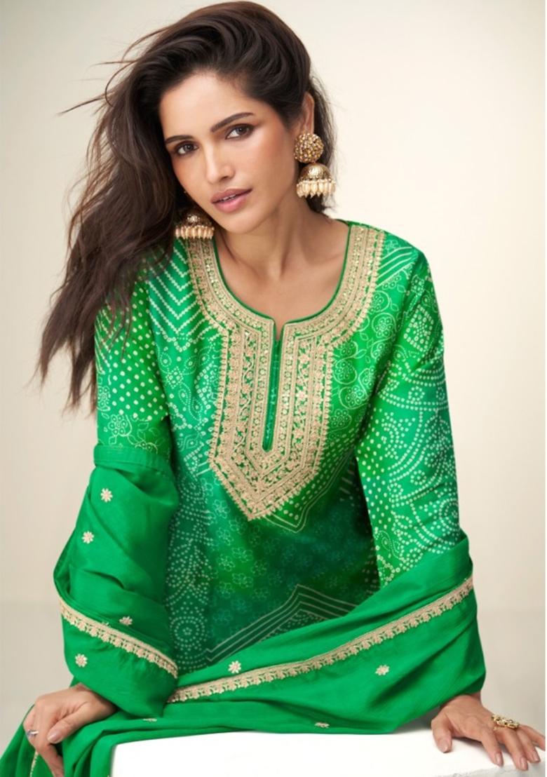Parrot Green Embroidered Silk Salwar Suit - Indya