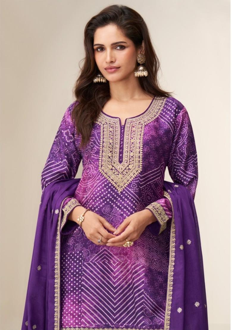 Purple Embroidered Silk Salwar Suit - Indya