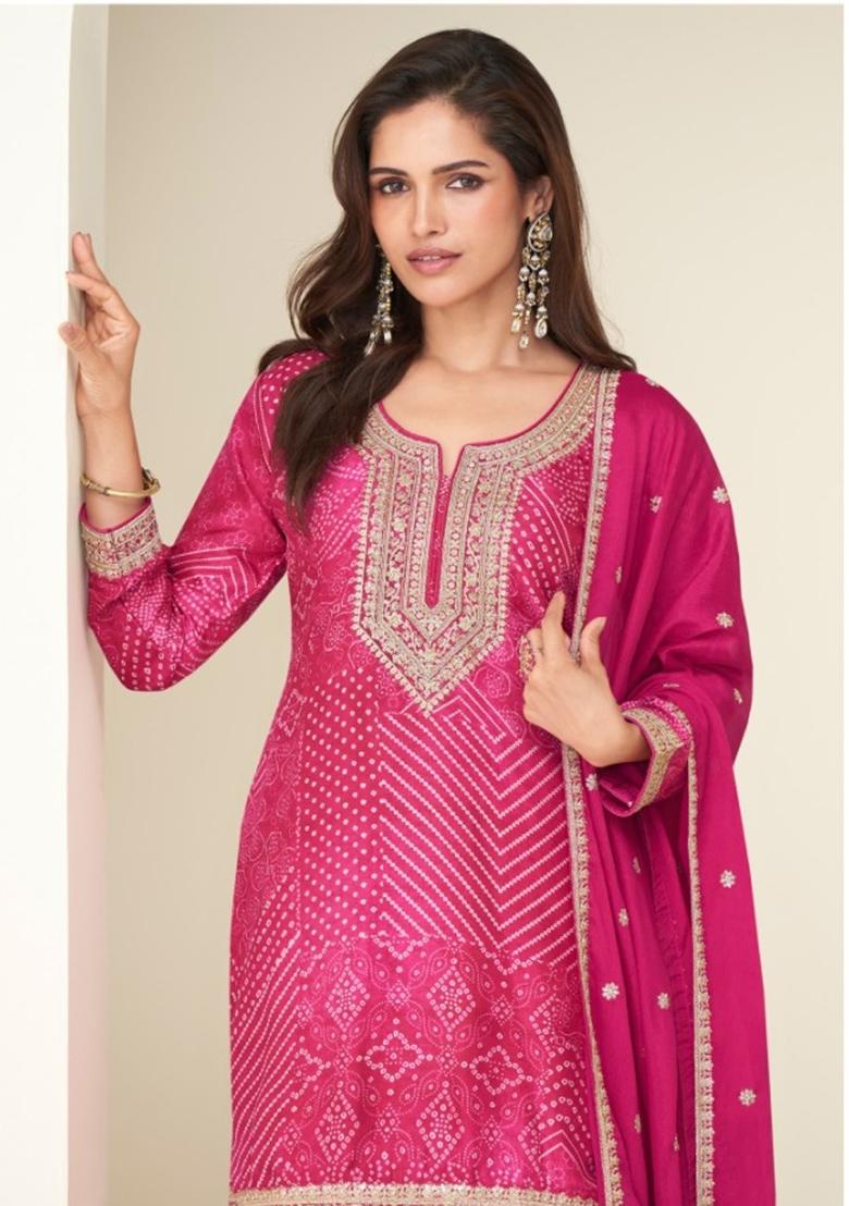 Magenta Embroidered Silk Salwar Suit - Indya