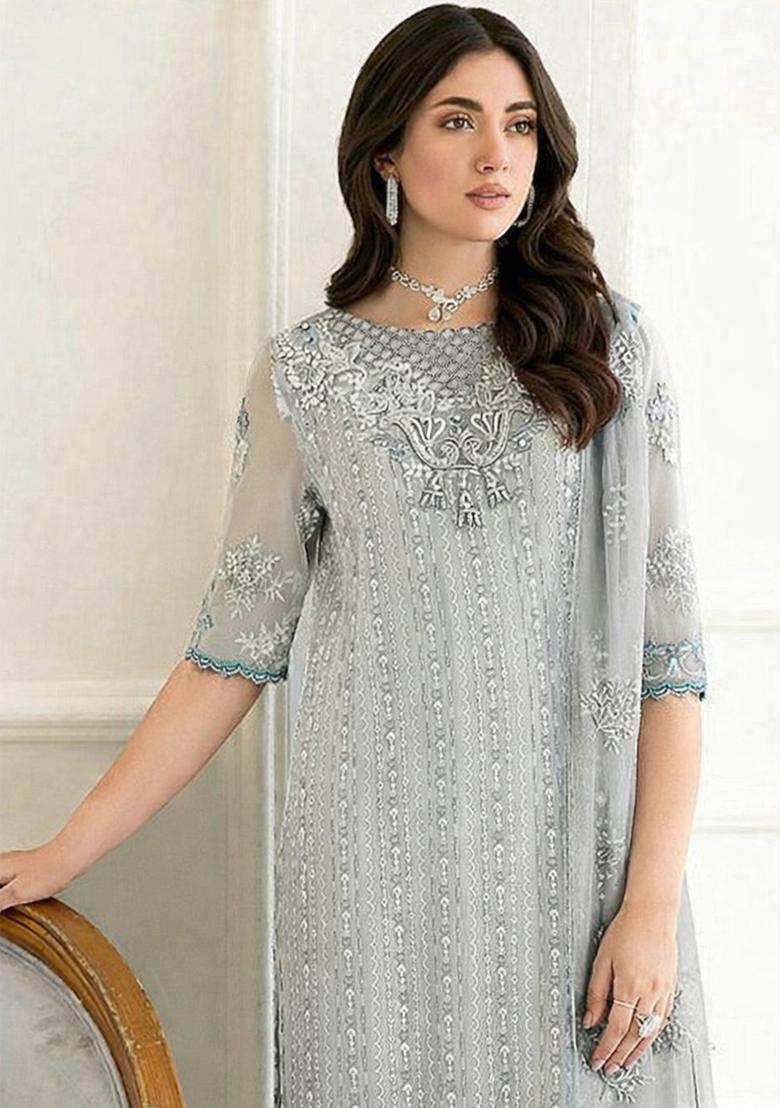 Sky Blue Embroidered Georgette Salwar Suit - Indya