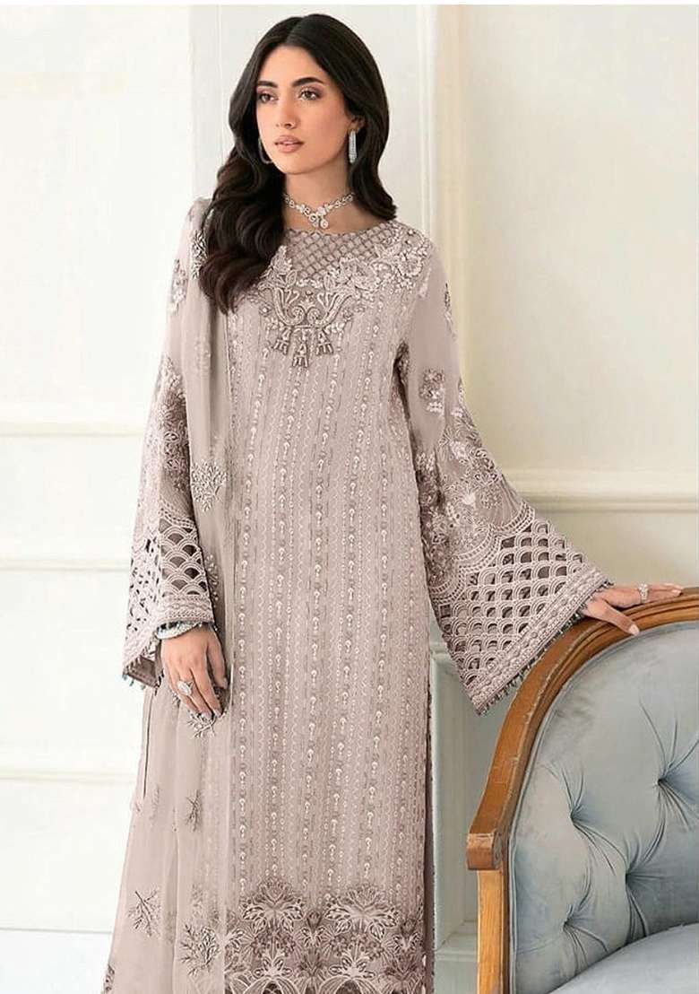 Beige Embroidered Georgette Pakistani Suit Set - Indya